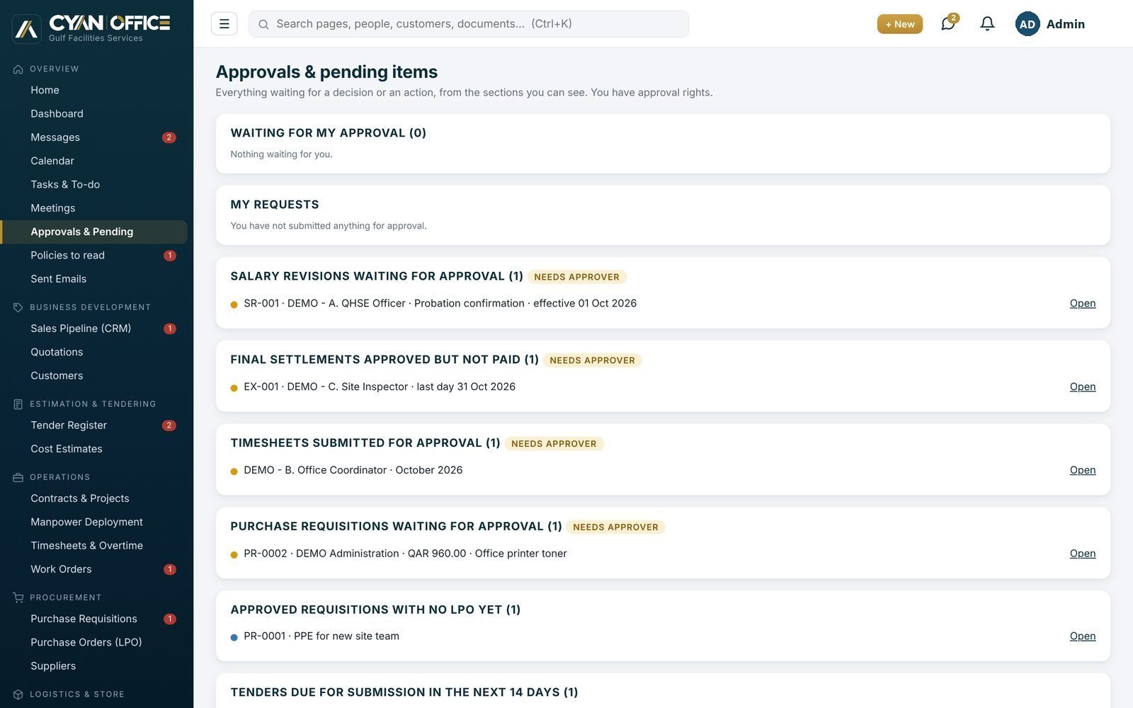 CYAN Office approvals screen