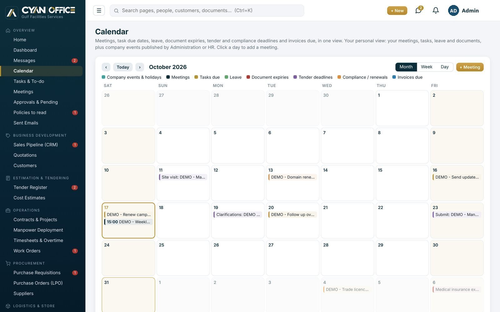 CYAN Office calendar screen