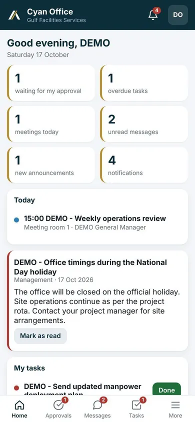 CYAN Office mobile home with approvals, tasks and meetings